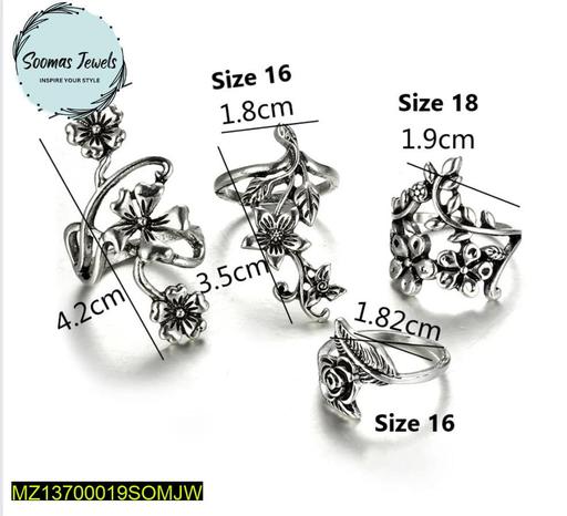 Antique Flower Rings Set of 4 Silver Plated