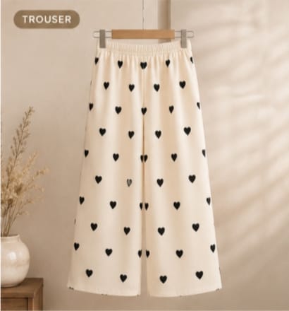 Linen Cotton Lawn Heart Print Co-Ord Set with Black & Half White Trouser for Women
