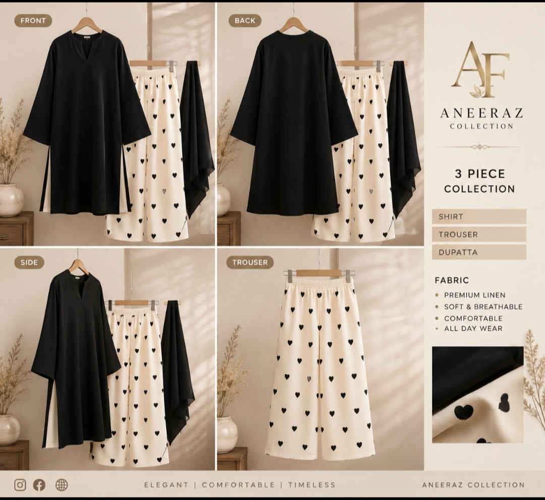 Linen Cotton Lawn Heart Print Co-Ord Set with Black & Half White Trouser for Women