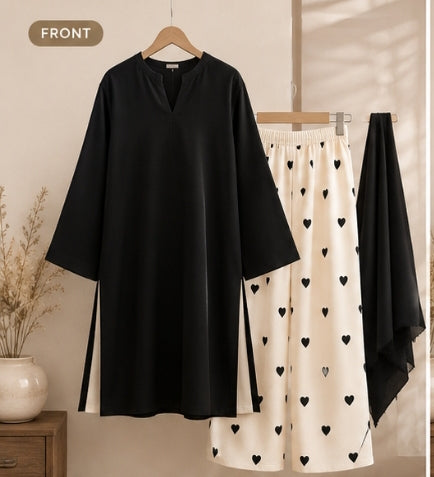 Linen Cotton Lawn Heart Print Co-Ord Set with Black & Half White Trouser for Women