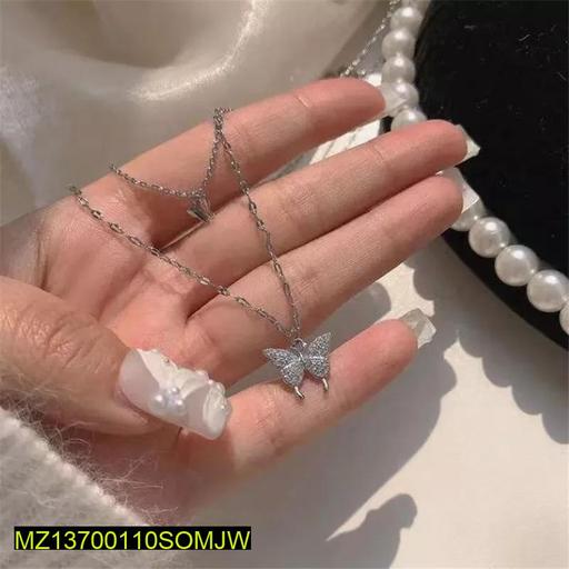 Silver Butterfly Double Layer Necklace for Women