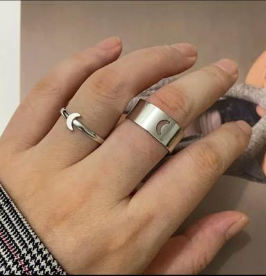Silver Moon Rings Set of 2 Adjustable Alloy
